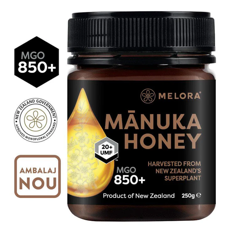 Borcan cu Miere de Manuka MELORA, MGO 850+ (UMF 20), naturală din Noua Zeelandă, 250 g