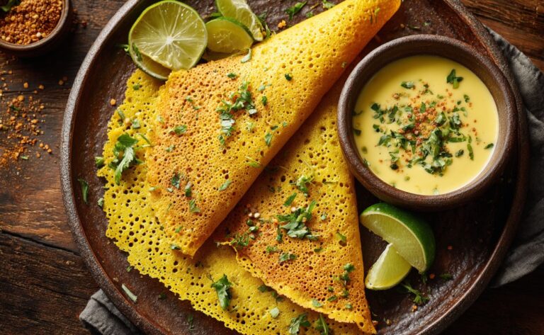 Clătite din Linte Galbenă (Dosa) cu Sos de Turmeric și Ghimbir