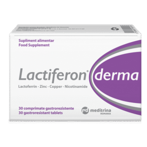 Cutie Lactiferon Derma 30 comprimate gastrorezistente Meditrina Pharmaceuticals cu lactoferrină și zinc pentru piele și imunitate
