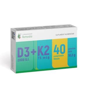Vitamina D3 2000 UI + Vitamina K2 75 mcg, 40 comprimate filmate, Laboratoarele Remedia