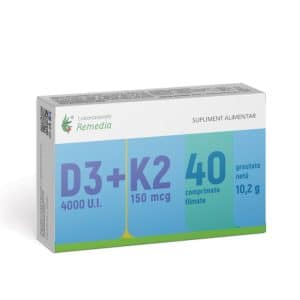 Vitamina D3 4000 UI + Vitamina K2 150 mcg, 40 comprimate filmate, Laboratoarele Remedia