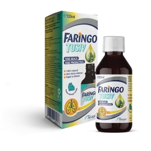 Flacon Faringo Tusiv sirop 120 ml Terapia pentru calmarea tusei și protecția gâtului