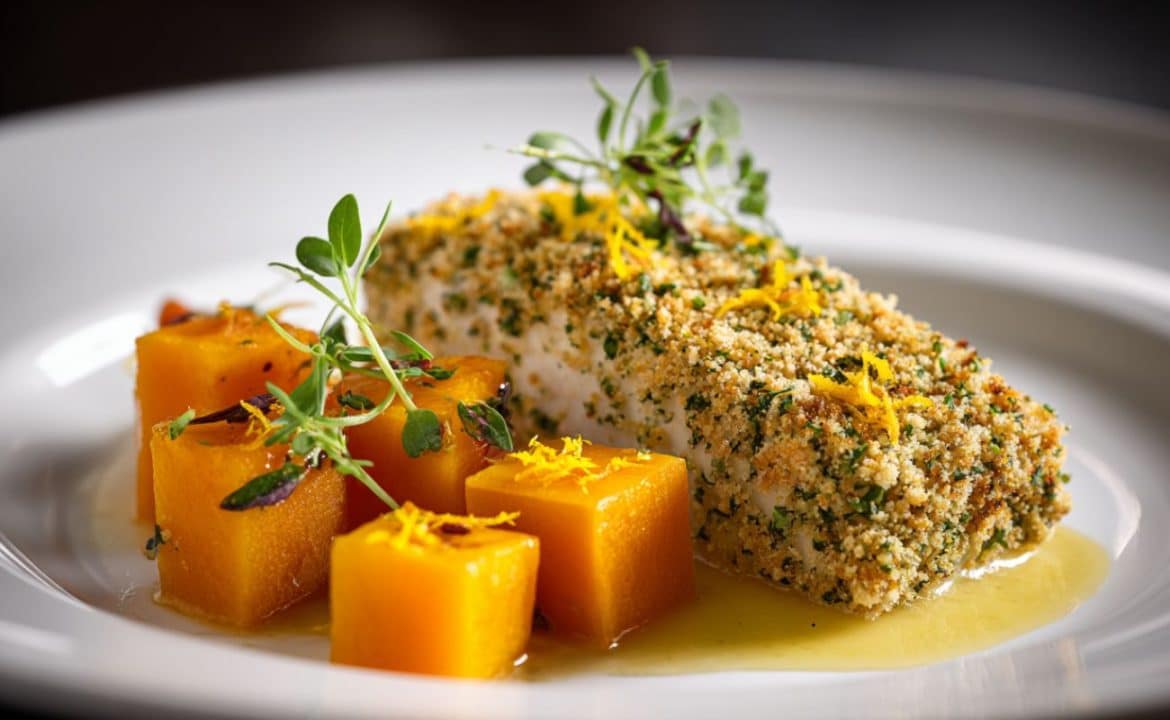 Halibut cu Crustă de Ierburi, Sos de Lămâie și Usturoi și Dovleac Copt