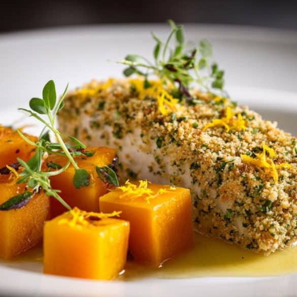 Halibut cu Crustă de Ierburi, Sos de Lăm&acirc;ie și Usturoi și Dovleac Copt