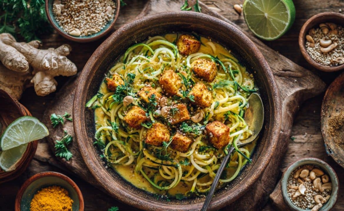 Tăiței de Zucchini cu Sos de Caju Auriu și Tofu cu Ghimbir și Lime