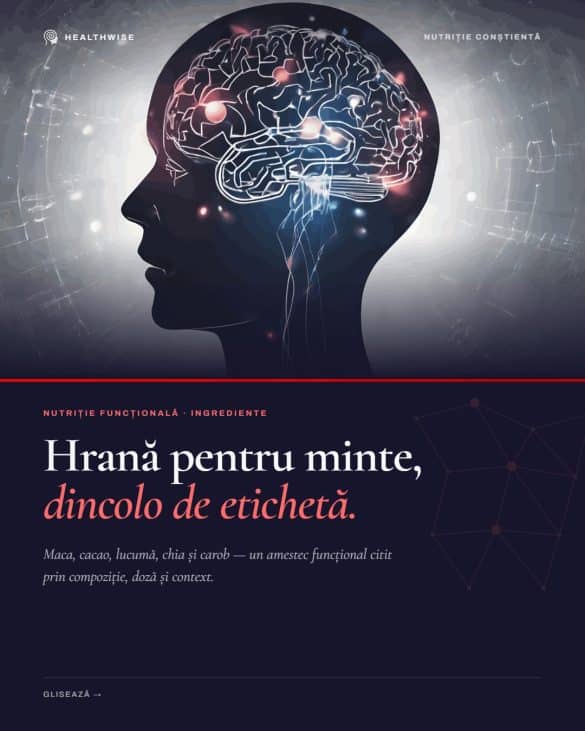 Carousel vizual Healthwise: Brain Food Republica Bio — hrana pentru minte, analiza prin compozitie, doza si context, maca cacao lucuma chia carob
