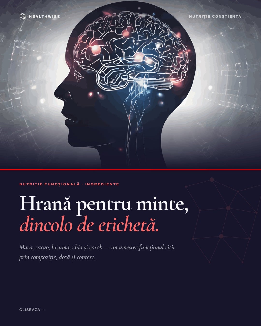 Carousel vizual Healthwise: Brain Food Republica Bio — hrana pentru minte, analiza prin compozitie, doza si context, maca cacao lucuma chia carob