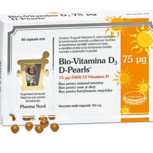 Cutie D-Pearls Bio-Vitamina D3 80 capsule Pharma Nord cu 38 mcg vitamina D3 în ulei de măsline