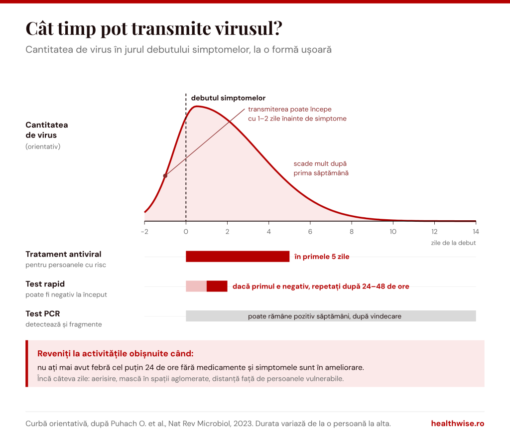 Cantitatea de virus &icirc;n COVID &icirc;n jurul debutului simptomelor: antiviralul ajută dacă e &icirc;nceput &icirc;n primele 5 zile, testul rapid se repetă după 24&ndash;48 de ore, testul PCR poate răm&acirc;ne pozitiv săptăm&acirc;ni