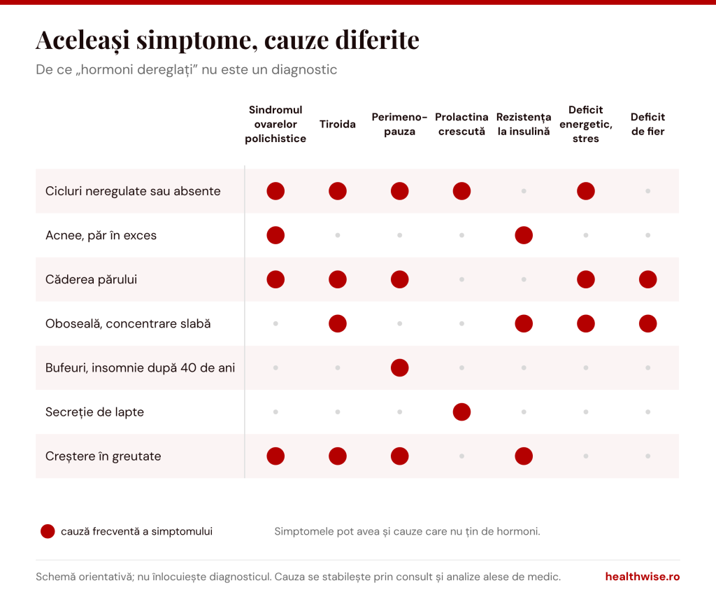Tabel vizual cu simptomele dereglărilor hormonale și cauzele lor frecvente: sindromul ovarelor polichistice, tiroidă, perimenopauză, prolactină, rezistență la insulină, deficit energetic, deficit de fier