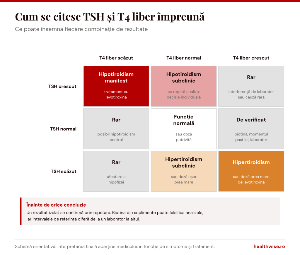 Cum se citesc &icirc;mpreună TSH și T4 liber: hipotiroidism manifest, subclinic, funcție normală sau hipertiroidism