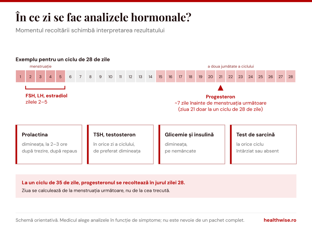 &Icirc;n ce zi a ciclului se fac analizele hormonale: FSH, LH și estradiol &icirc;n zilele 2&ndash;5, progesteron cu aproximativ 7 zile &icirc;nainte de menstruație, prolactina dimineața
