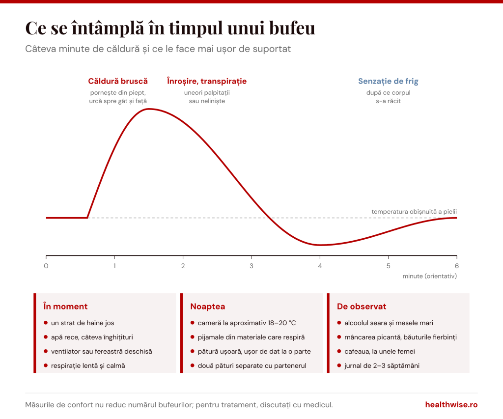 Ce se &icirc;nt&acirc;mplă &icirc;n timpul unui bufeu, de la căldura bruscă la senzația de frig, și ce ajută &icirc;n moment, noaptea și la observarea declanșatorilor